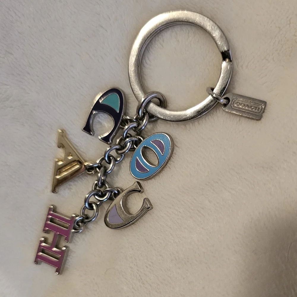 Coach Multicolor Enamel Letter Charm Key Ring - Teal, Purple, Pink - Picture 2 of 3